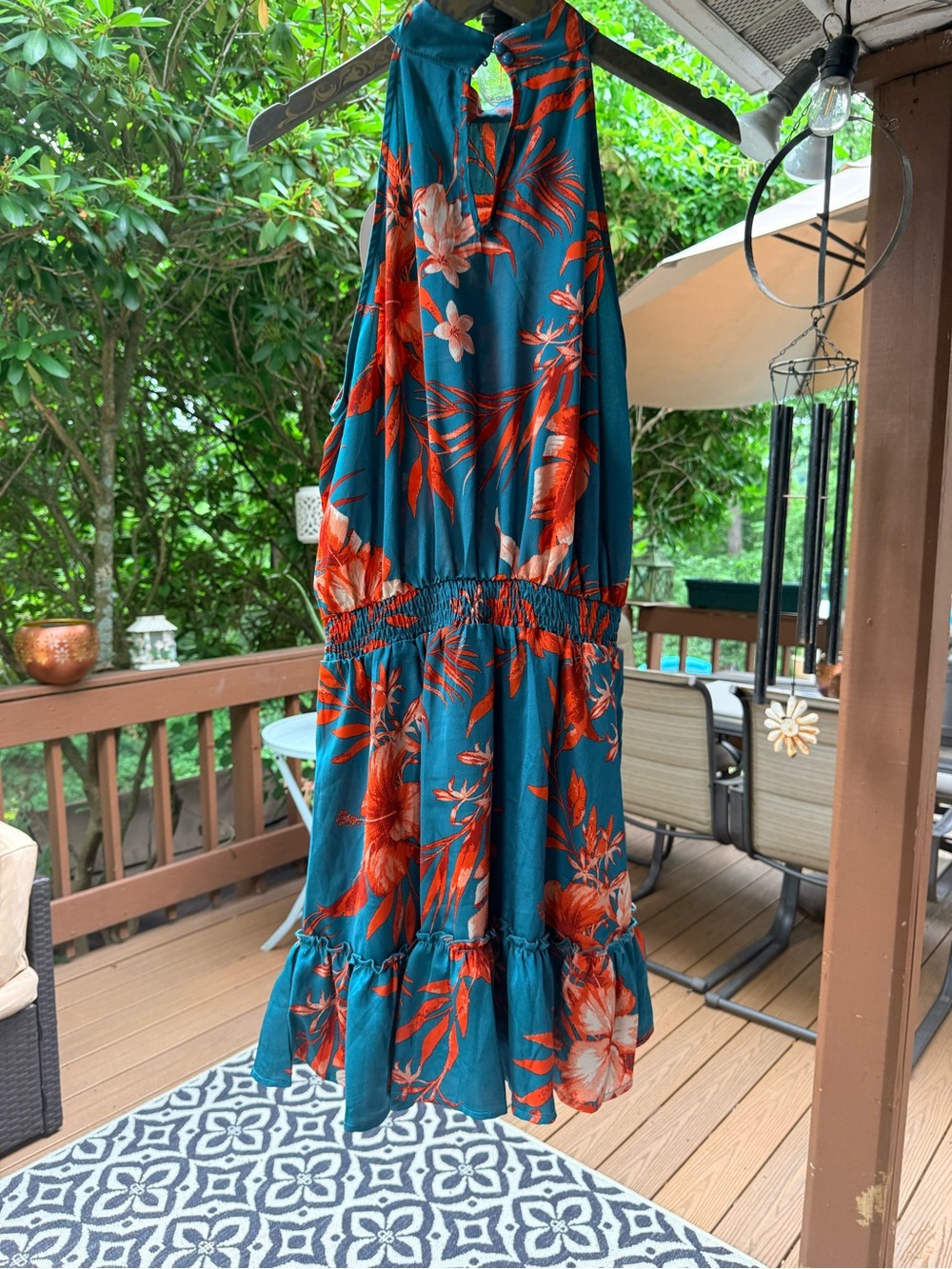 High-Neck Teal Floral Mini Dress with Smocked Waist - Picture 10 of 12